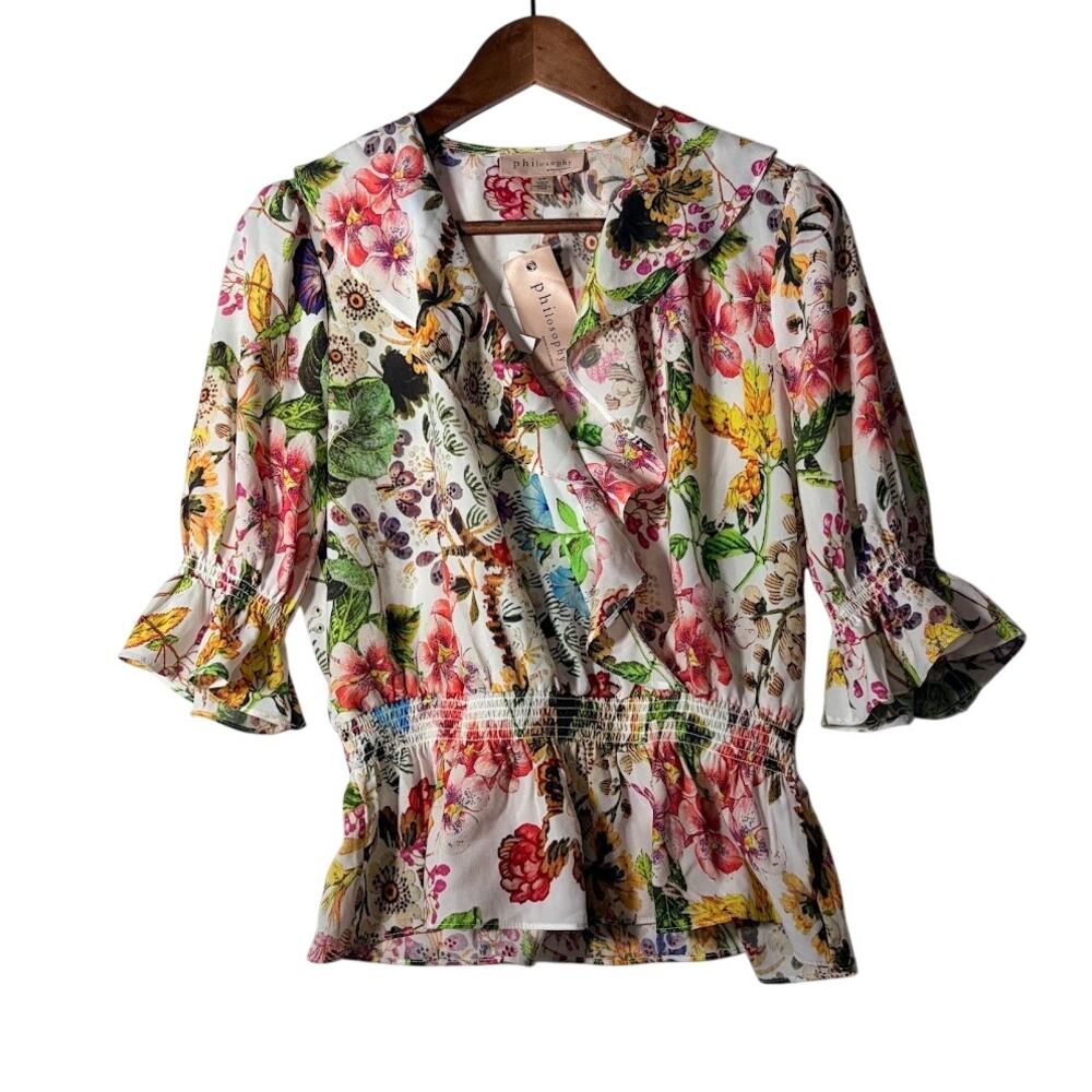 NWT Philosophy Anthropologie  Floral Ruffle Sleeve Smocked Waist Blouse Size S